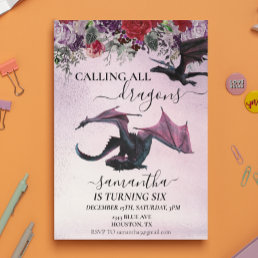 Calling All Dragons Girl&#39;s Birthday Purple flower  Invitation
