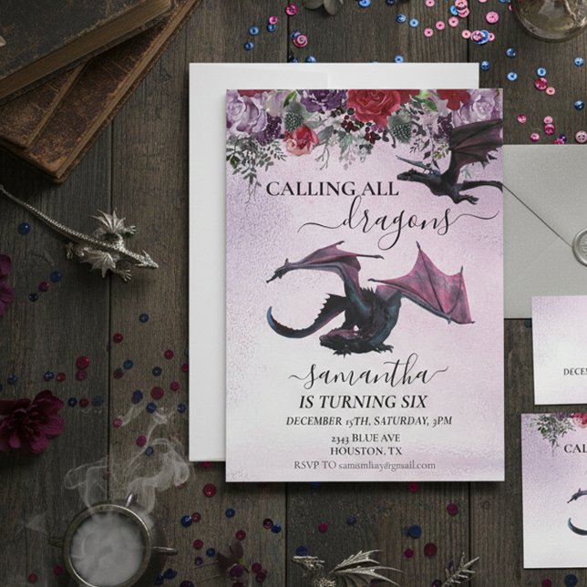 Calling All Dragons Girl's Birthday Purple flower  Invitation (Creator Uploaded)