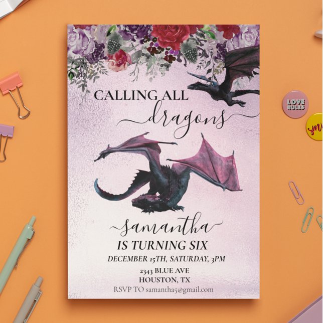Calling All Dragons Girl's Birthday Purple flower  Invitation (Creator Uploaded)