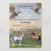 Calling all Dragons Unicorns Twin Party Birthday Invitation