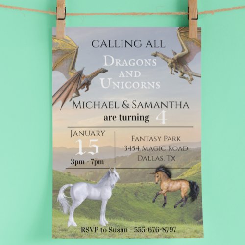 Calling all Dragons Unicorns Twin Party Birthday Invitation