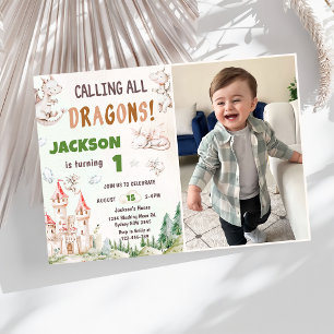 Calling All Dragons Watercolor 1st Birthday Photo Invitation