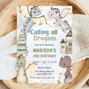 Calling All Dragons Watercolor 2nd Birthday  Invitation