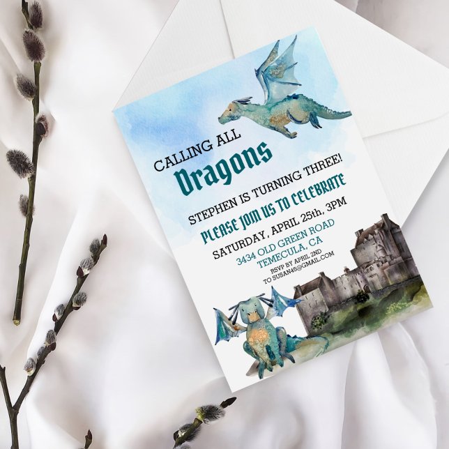 Calling all Dragons Watercolor Birthday Party Invitation