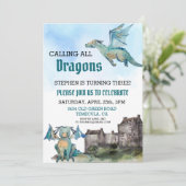Calling all Dragons Watercolor Birthday Party Invitation (Standing Front)
