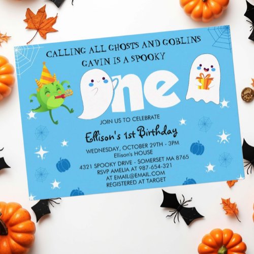 Calling All Ghosts and goblins First Birthday Blue Invitation