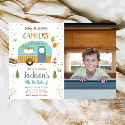 Calling All Happy Campers Camping Boy Birthday Inv Invitation