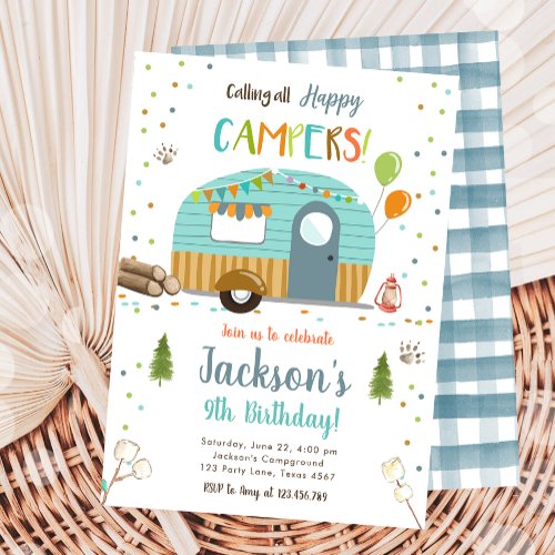 Calling All Happy Campers Camping Boy Birthday Invitation
