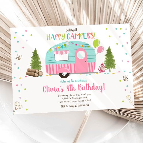 Calling All Happy Campers Camping Girl Birthday Invitation