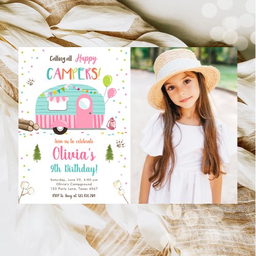 Calling All Happy Campers Camping Girl Birthday Invitation