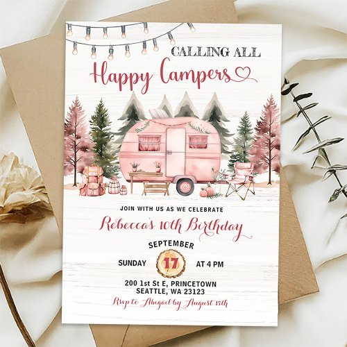 Calling All Happy Campers Pink Camper Van Birthday Invitation