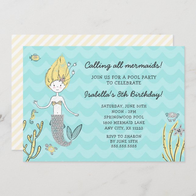 Calling all mermaids birthday pool party invite (Front/Back)