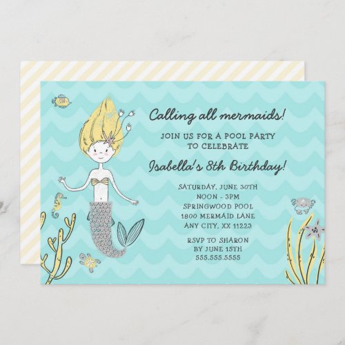 Calling all mermaids birthday pool party invite