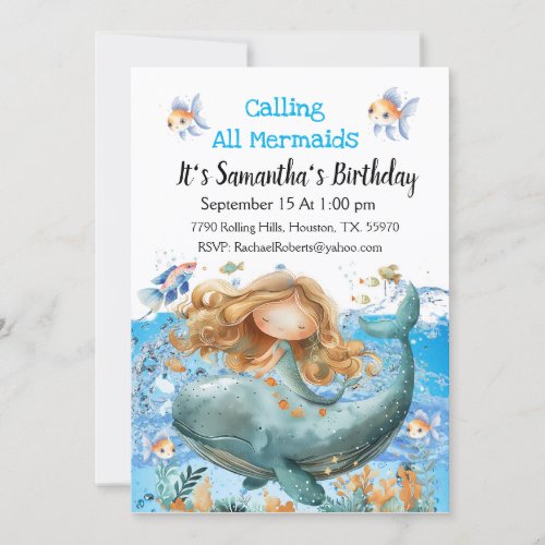 Calling All Mermaids Girl Birthday  Invitation