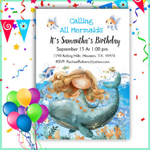 Calling All Mermaids Girl Birthday Invitation