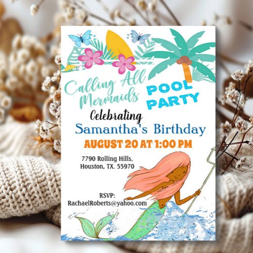 Calling All Mermaids Girl Pool Party Birthday Invi Invitation