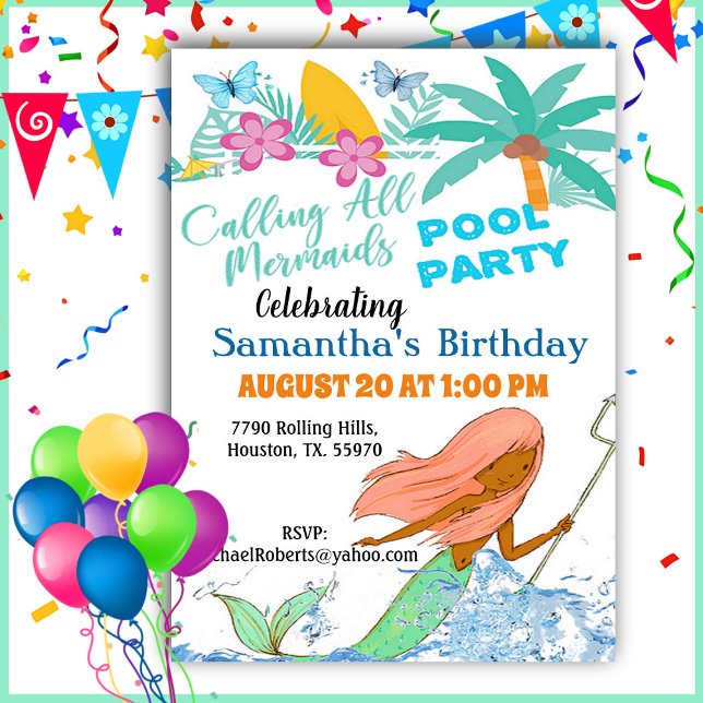 Calling All Mermaids Girl Pool Party Birthday Invi Invitation (Creator Uploaded)