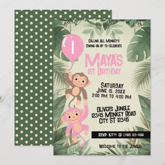 Calling All Monkeys 1st Birthday Invitation (pink) (Front/Back)