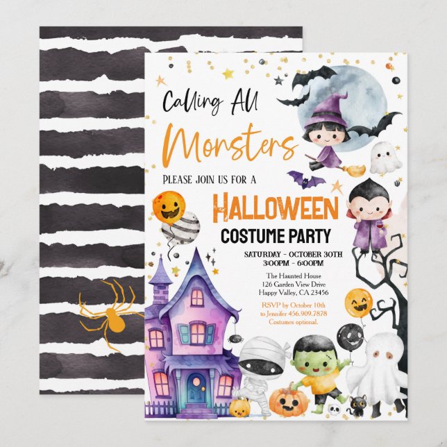 Calling All Monsters Costume Party Kid Children Invitation (Front/Back)