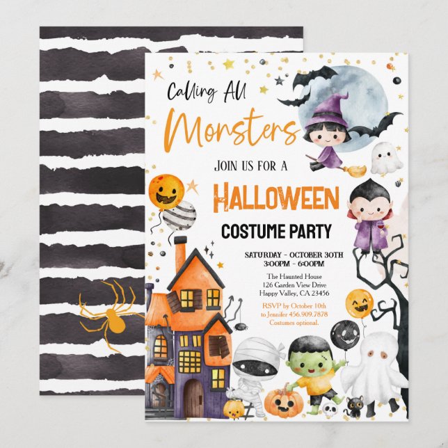 Calling All Monsters Costume Party Kid Children Invitation (Front/Back)