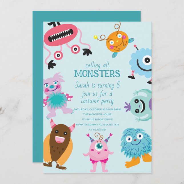 Calling All Monsters Halloween Birthday Invitation (Front/Back)