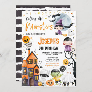 Calling All Monsters Halloween Birthday Party Cute Invitation
