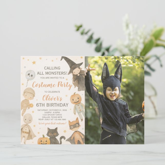 Calling All Monsters Halloween Birthday Photo Invitation (Standing Front)