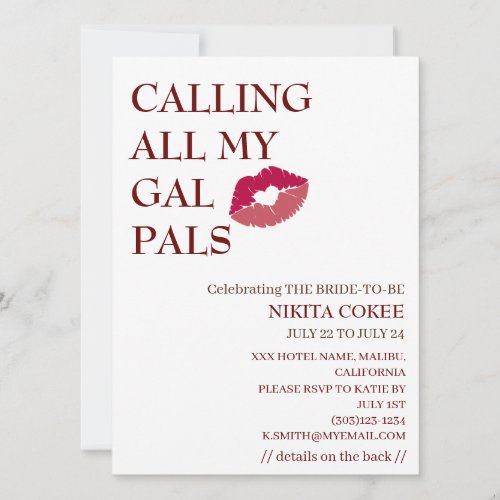 CALLING ALL MY GAL PALS Funny Bachelorette Weekend Invitation