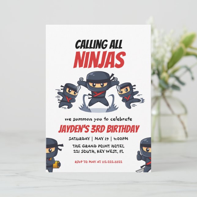 Calling All Ninjas-Kid's Ninja Birthday Invitation (Standing Front)