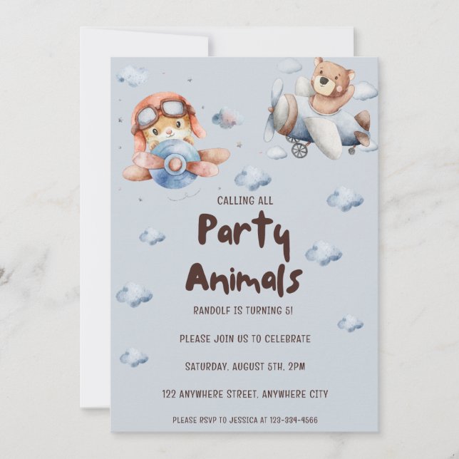 Calling All Party Animals Airplane Birthday Party Invitation (Front)