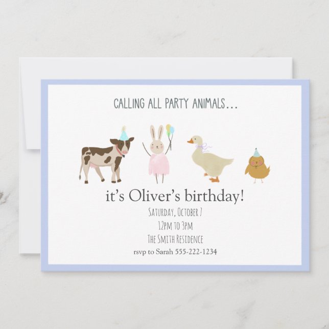 Calling All Party Animals Boy Birthday Invitations (Front)