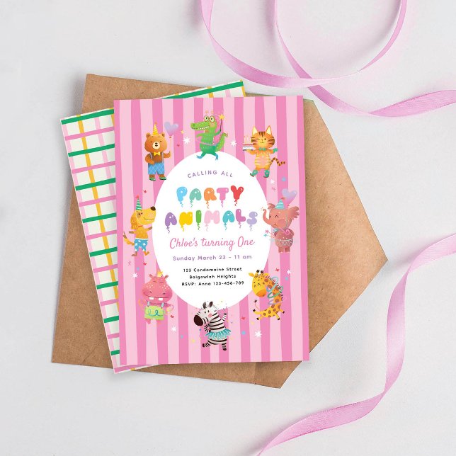 Calling All Party Animals, Cute Animals Girls Pink Invitation (Creator Uploaded)