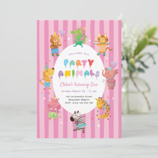 Calling All Party Animals, Cute Animals Girls Pink Invitation