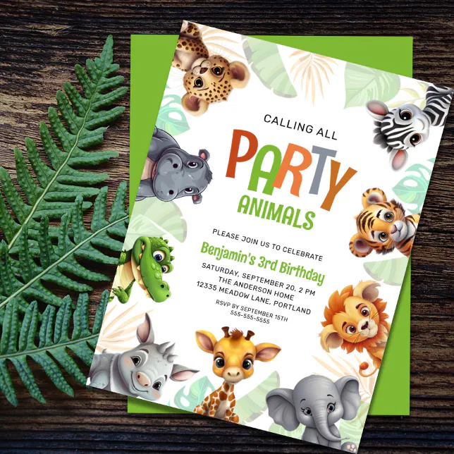 Calling All Party Animals Cute Jungle Birthday Invitation | Zazzle