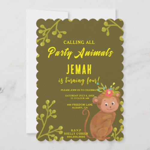 Calling All Party Animals Cute Monkey Birthday Invitation