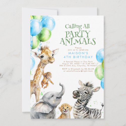 Calling All Party Animals Cute Safari Birthday Invitation