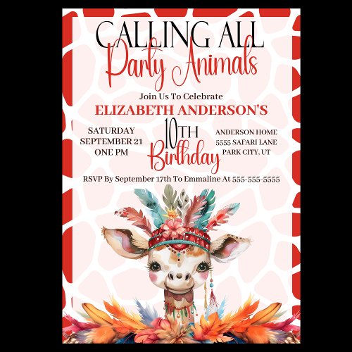 Calling All Party Animals Giraffe 10th Birthday Invitation