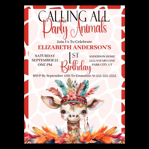 Calling All Party Animals Giraffe 1st Birthday Invitation
