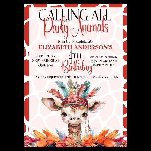 Calling All Party Animals Giraffe 4th Birthday Invitation