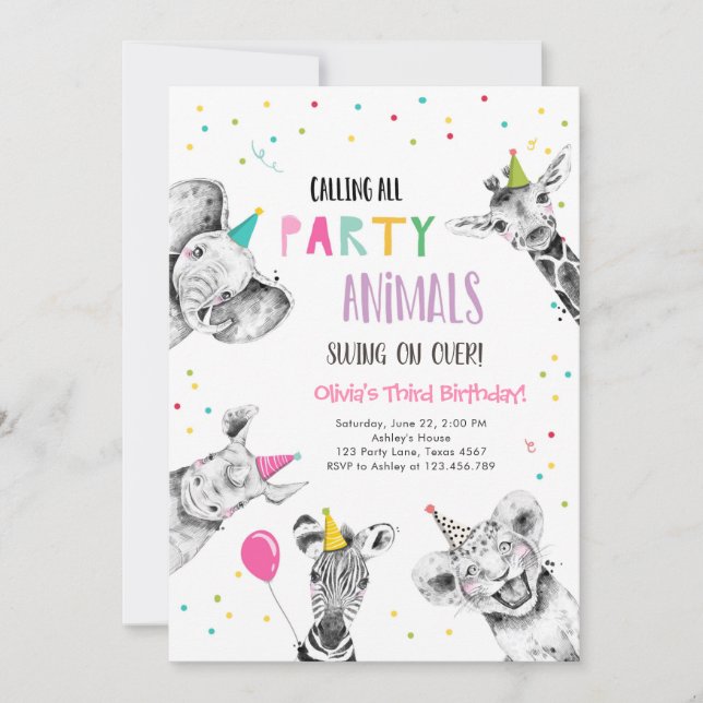 Calling All Party Animals Girl Safari Birthday Inv Invitation (Front)