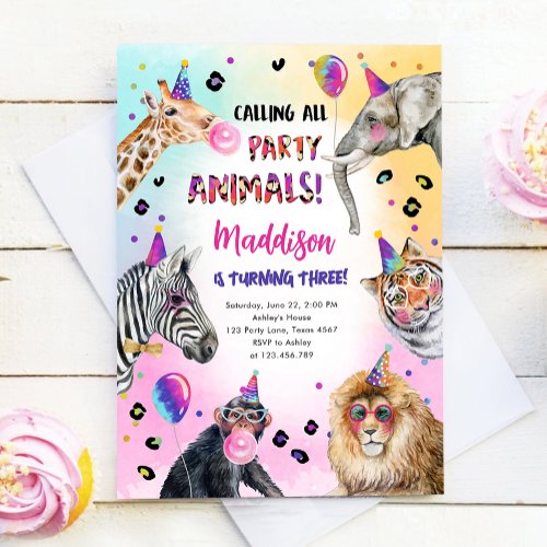 Calling All Party Animals Girl Safari Birthday Invitation