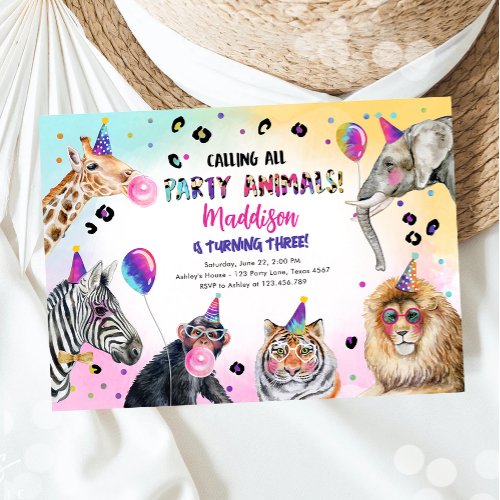 Calling All Party Animals Girl Safari Birthday Invitation