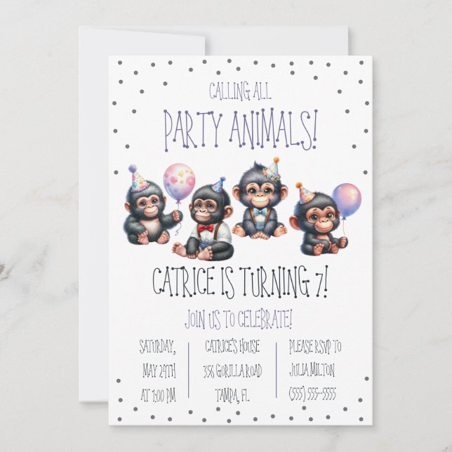 Calling all Party Animals! Gorilla Birthday Party Invitation (Front)