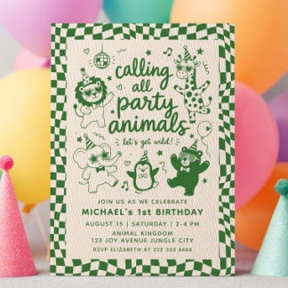 Calling All Party Animals Green RETRO 1st Birthday Invitation
