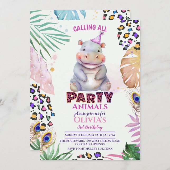 Calling all Party Animals Hippo Birthday Invitatio Invitation (Front/Back)