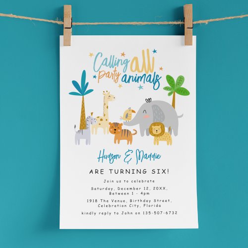 Calling All Party Animals Joint Birthday Party Invitation