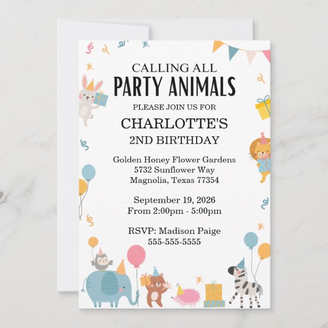 Calling All Party Animals Kids Birthday Invitation (Front)