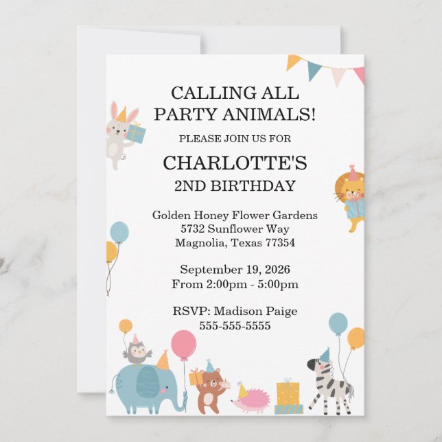 Calling All Party Animals Kids Birthday Invitation (Front)