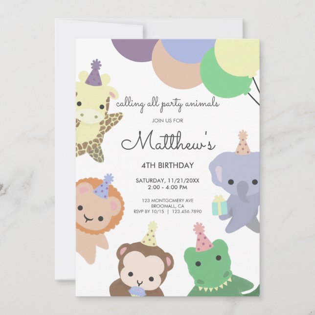 Calling All Party Animals Modern Birthday Invitation (Front)