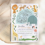 Calling All Party Animals | Modern Safari Birthday Invitation<br><div class="desc">Cute and fun kid's safari animals theme birthday party invitation featuring an illustration of safari animals. There is a lion, a monkey, a tiger, an elephant, a snake, a flamingo, a giraffe, a crocodile, a turtle, and three little birds framed with grass and greenery. There is a big blue speech...</div>